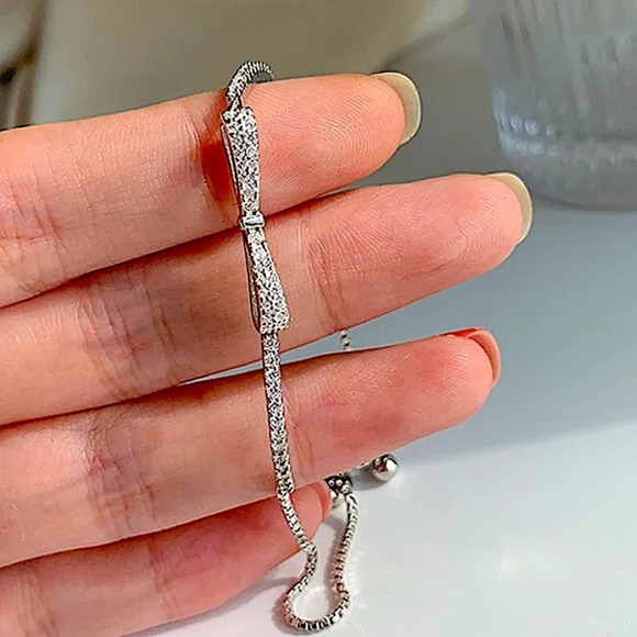 Silver Bracelet, Bow Tie Bracelet, Bowknot Bracelet, Cubic Zirconia, Anniversary - Picture 10 of 16